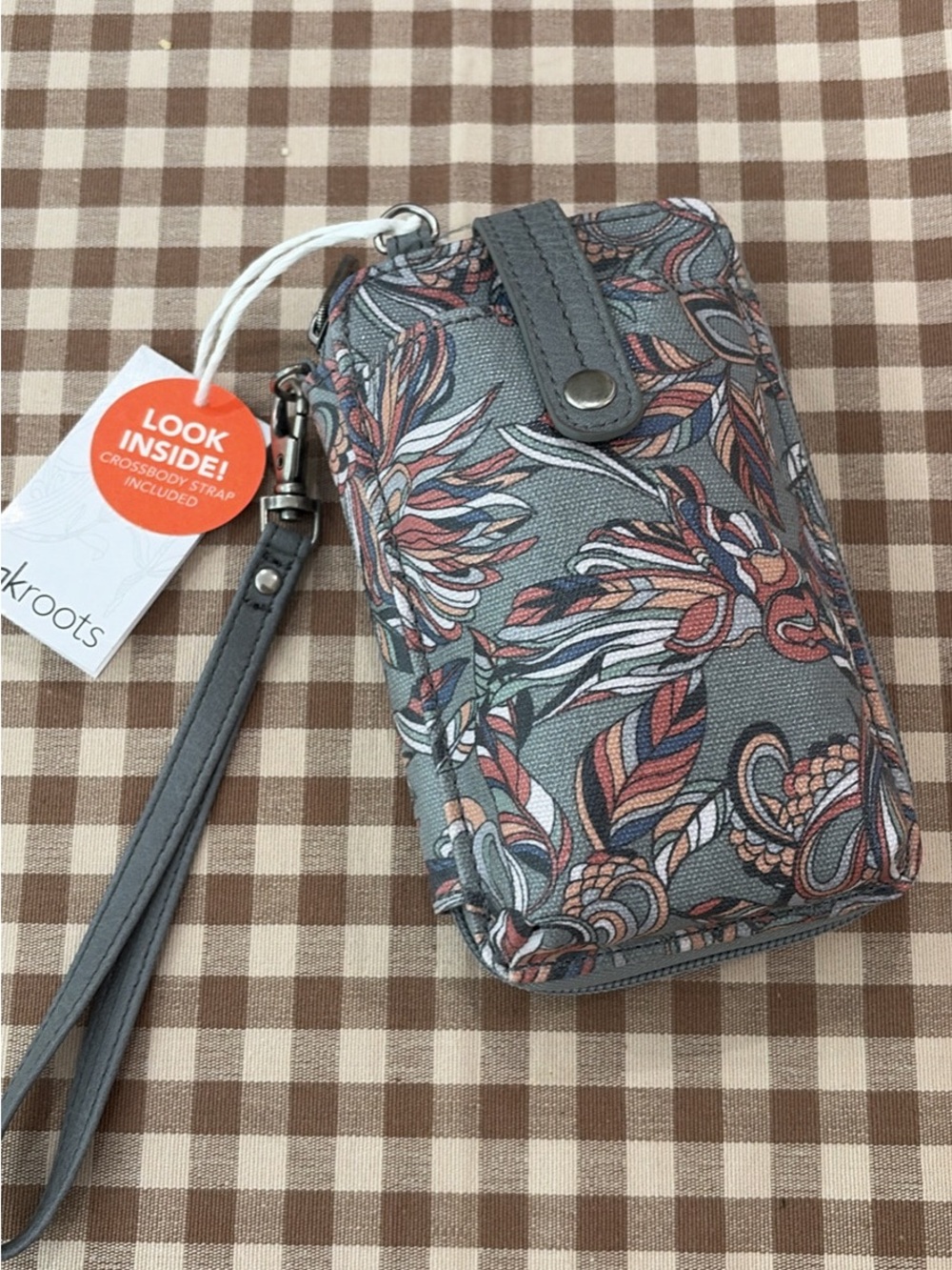 Sakroots Gray Floral Wristlet with Pink, Coral & Blue Leaves